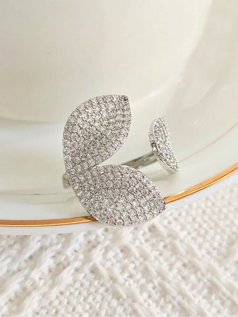 Anthropologie Silver Pave Leaf-Accent Adjustable Ring